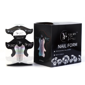 Moldes para uñas acrílicas profesionales Yuslaidy de Ruano Beauty – diseño ergonómico negro con alas ajustables para escultura precisa y base holográfica. Yuslaidy de Ruano Beauty professional acrylic nail forms – ergonomic black design with adjustable wings for precise sculpting and holographic base.