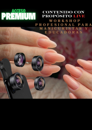 Manos con uñas acrílicas utilizadas para representar el Acceso Premium del taller de Creación de Contenido, que incluye asesorías personalizadas.