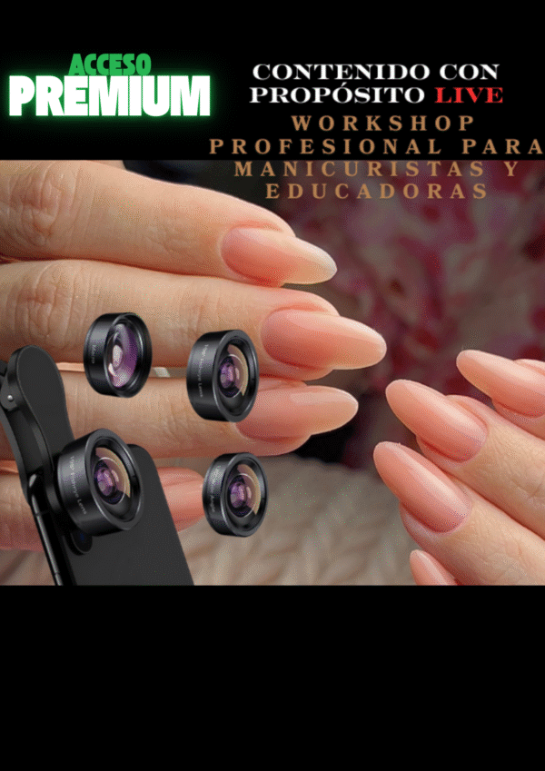 Manos con uñas acrílicas utilizadas para representar el Acceso Premium del taller de Creación de Contenido, que incluye asesorías personalizadas.